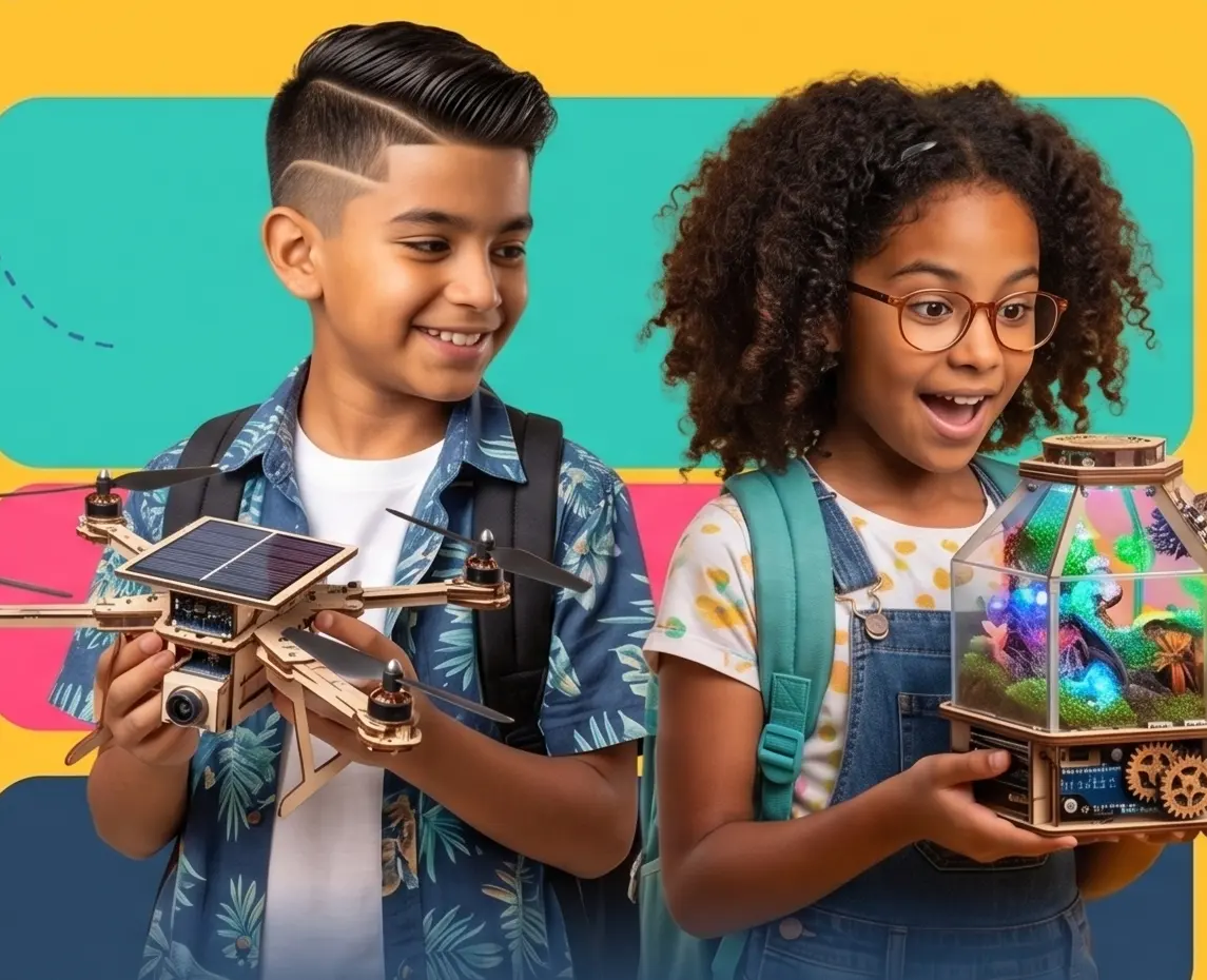 Two children holding a solar drone and a light-up terrarium they built at a MakerMasti birthday experience