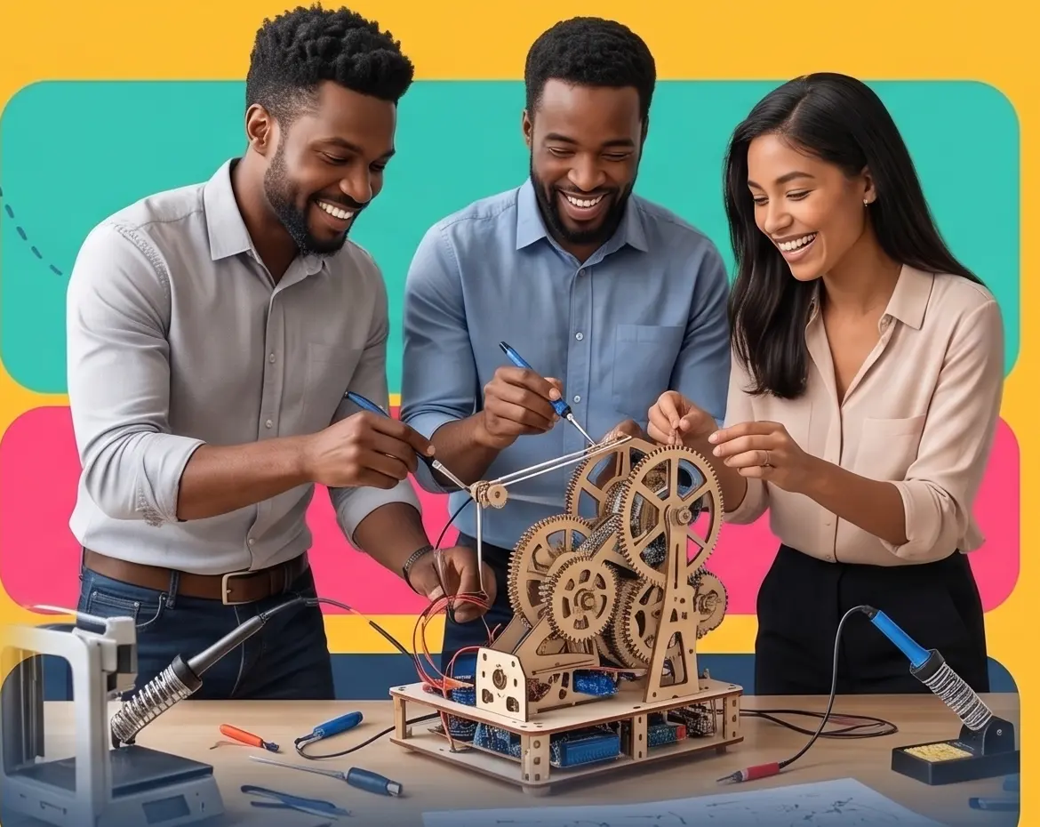 Three colleagues laughing as they wire up a wooden gear machine together at a MakerMasti corporate experience