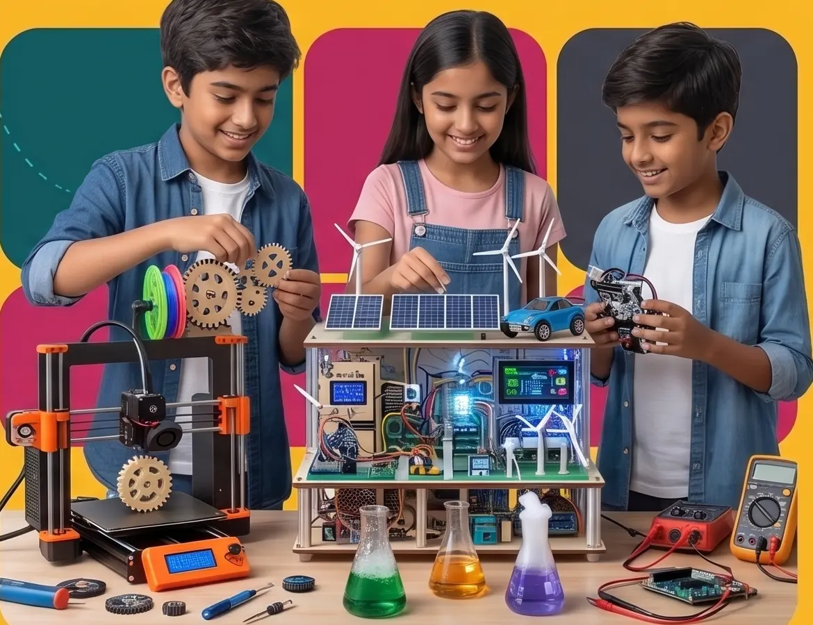 Three children building a solar house, a wind turbine and a circuit board together at a MakerMasti birthday experience